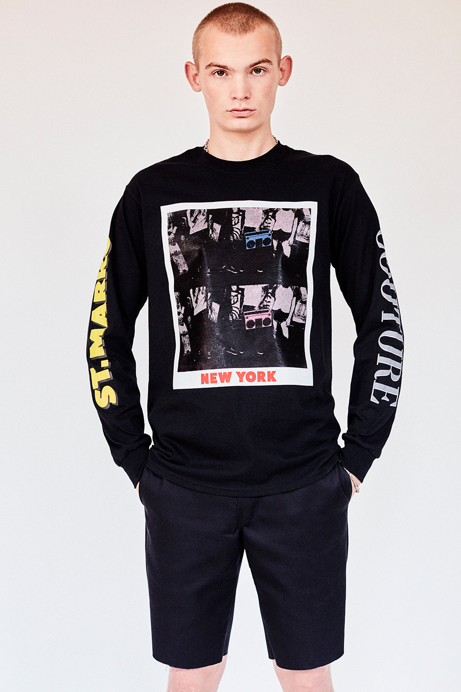 Brand New from New York City: Stmarksnewyork.com. Shop The St. Marks boombox black long sleeve T-shirt: featuring our image from St Marks Place, and the St. Marks Couture New York logo on the back.  Hand silkscreen printed in New York with love.