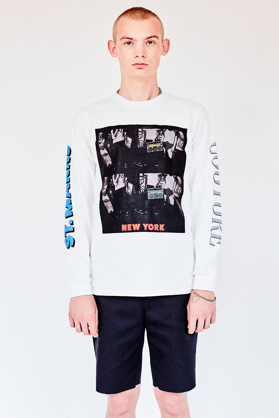 Brand New from New York City: Stmarksnewyork.com. Shop The St. Marks boombox white long sleeve T-shirt: featuring our image from St Marks Place, and the St. Marks Couture New York logo on the back.  Hand silkscreen printed in New York with love.