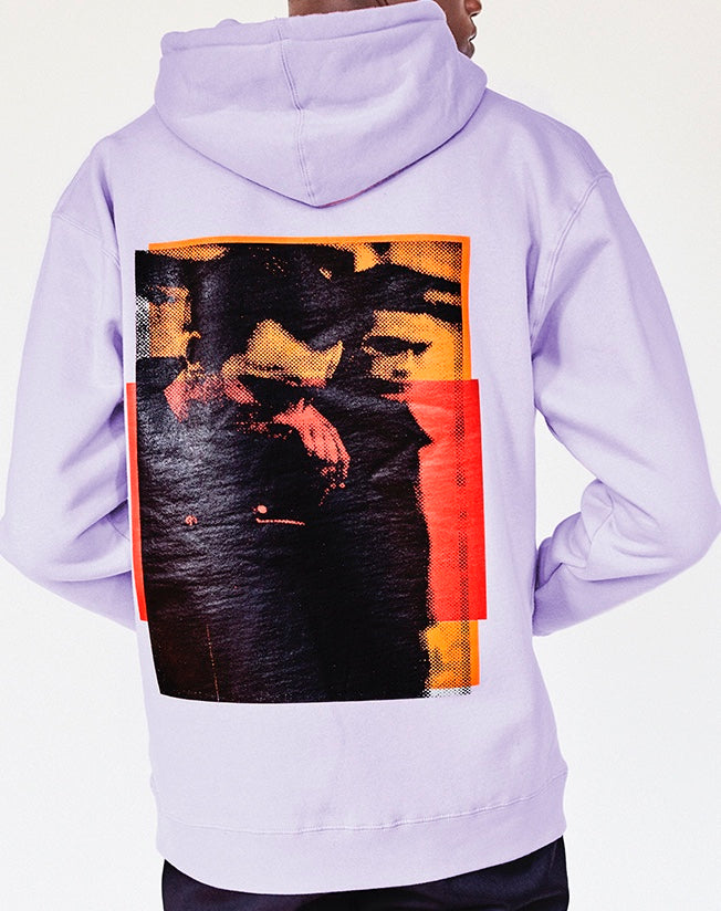 Brand New from New York City: Stmarksnewyork.com. Shop the St. Marks Couture Guys Lilac Hoodie: Featuring St. Marks Couture New York logo on chest and St. Marks guys image on the back. Hand silkscreen printed in New York with love.