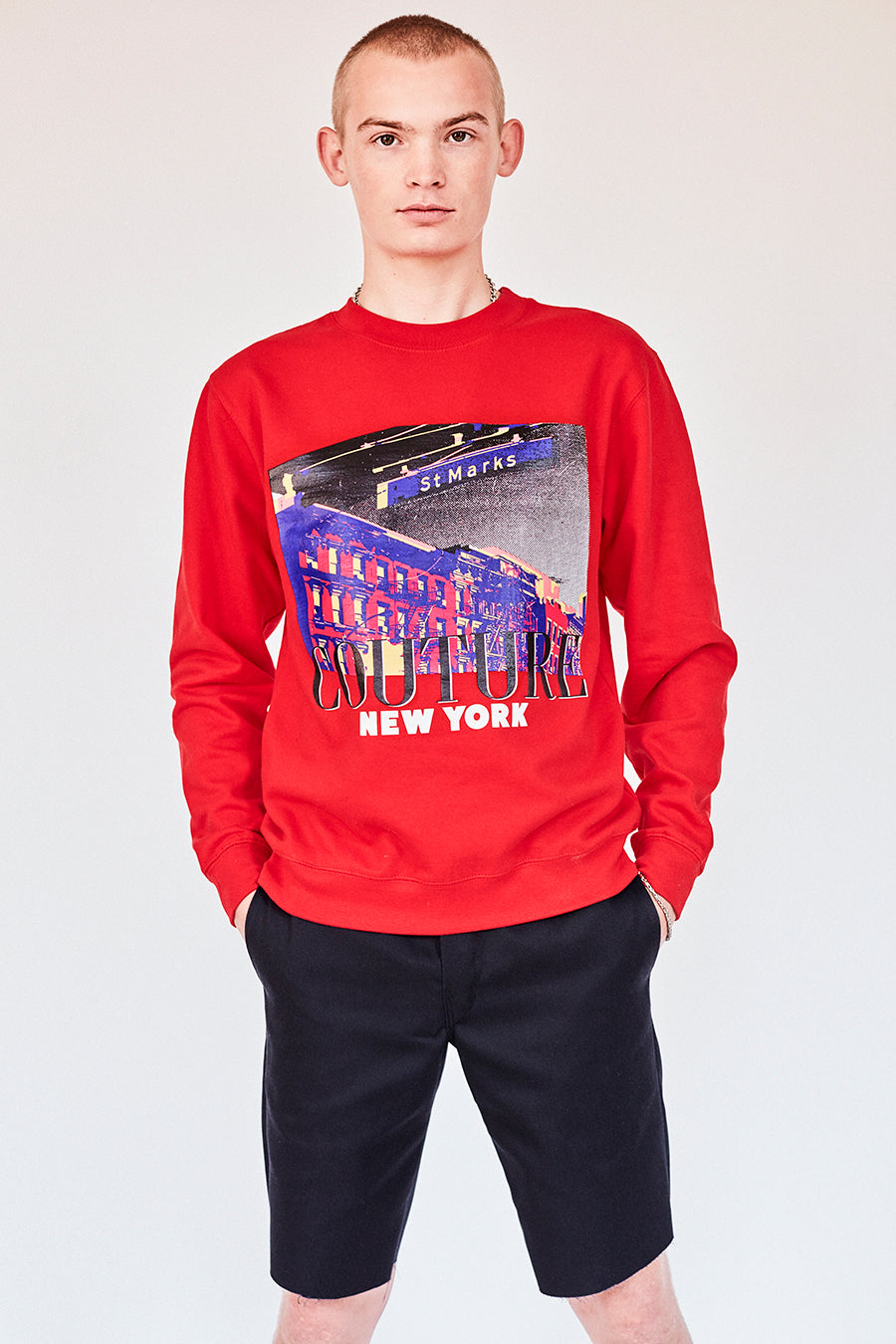 Brand New from New York City: Stmarksnewyork.com  Shop the St. Marks Street Sign red sweatshirt: Featuring St. Marks Street sign image on the front and St. Marks Couture New York logo on the back.  Hand silkscreen printed in New York with love.